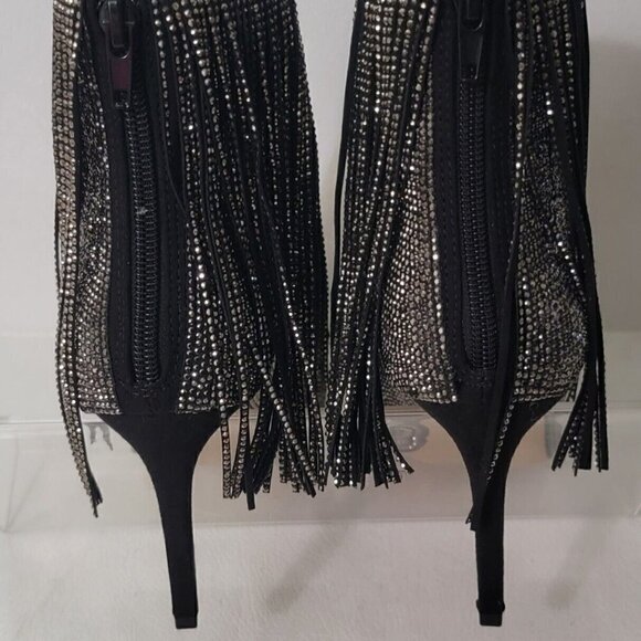 INC Pewter Rhinestone Fringed Ismeria Pointed Toe Stacked Heel Back Zip Booties - Picture 4 of 5